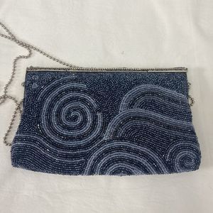 Vintage 50ies pearl embroidered satin Pochette pouch frame shoulder bag